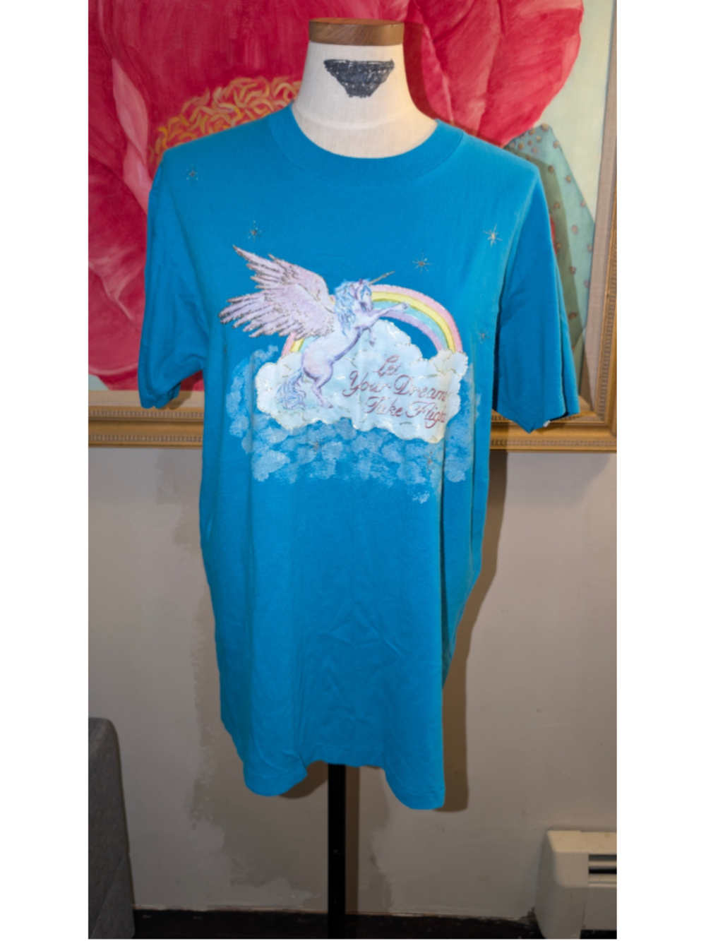 Vintage 80s Oneita Unicorn Graphic Tee Size L B inlue Pink